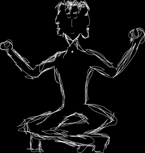 Image: A three faced man sits cross legged in lotus position.