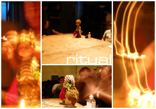 ritual: photos of the performance, streaks of light during the presentation, and the pseudocyborg with his head ripped off